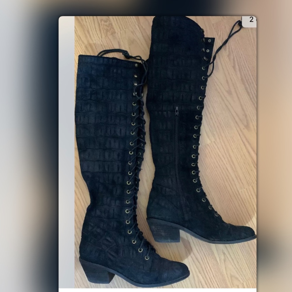 Free People Jeffrey Campbell Black Croc JOE over the knee lace up boots.